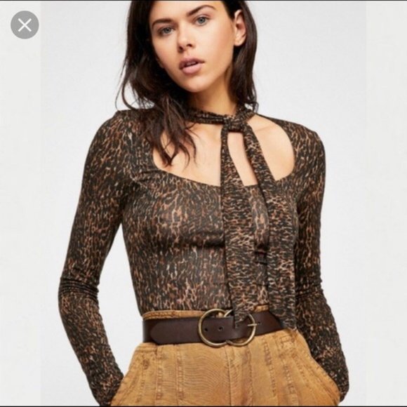 Free People Tops - Free People Wild Thing Leopard Print Tie Neck Long Sleeve Top